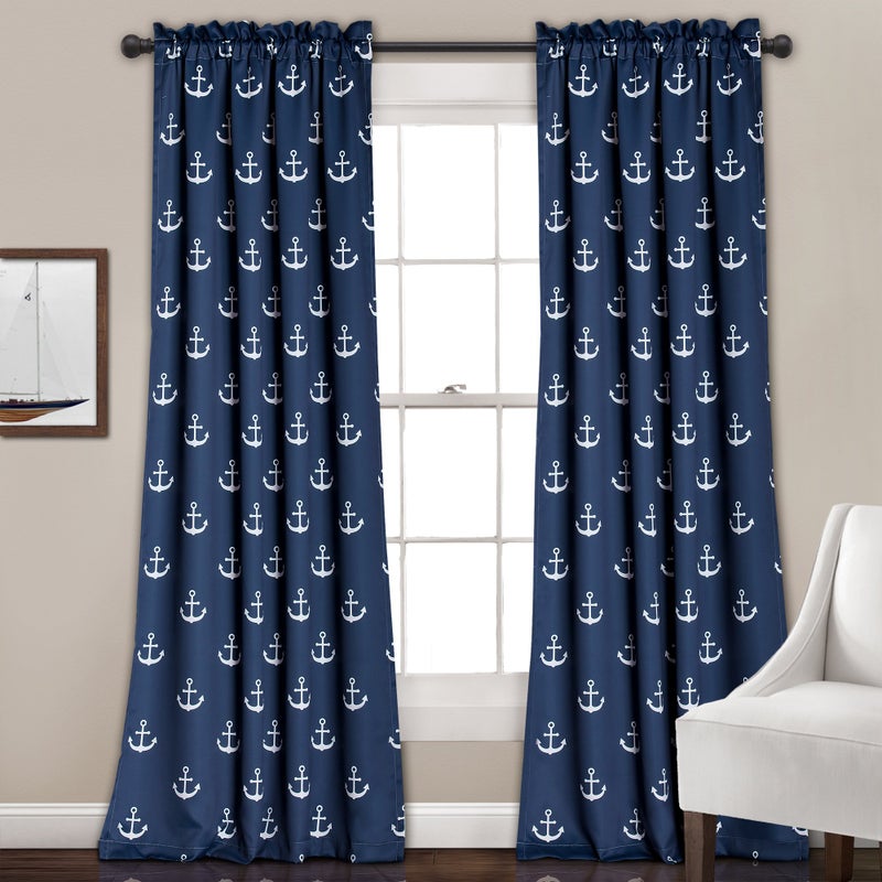 Lush Decor Darkening Window Curtain Set  Navy Anchor Print  52"" W x 84"" L - Image 1