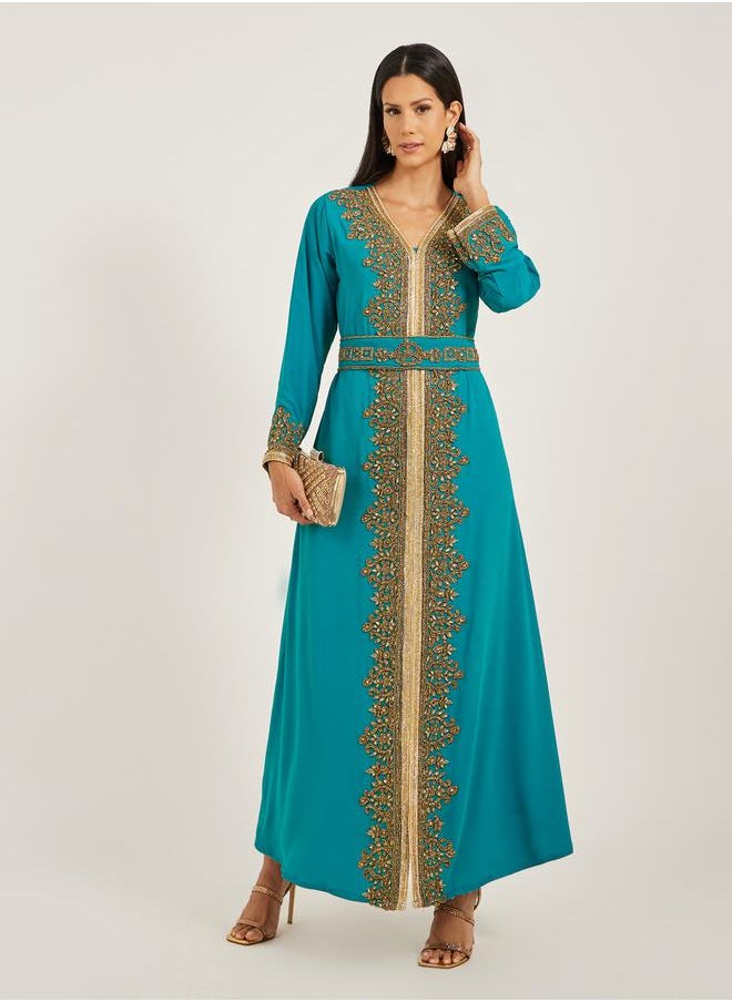 Maxim Creation Embroidered V-Neck A-Line Jalabiya with Belt by Styli  - Image 1