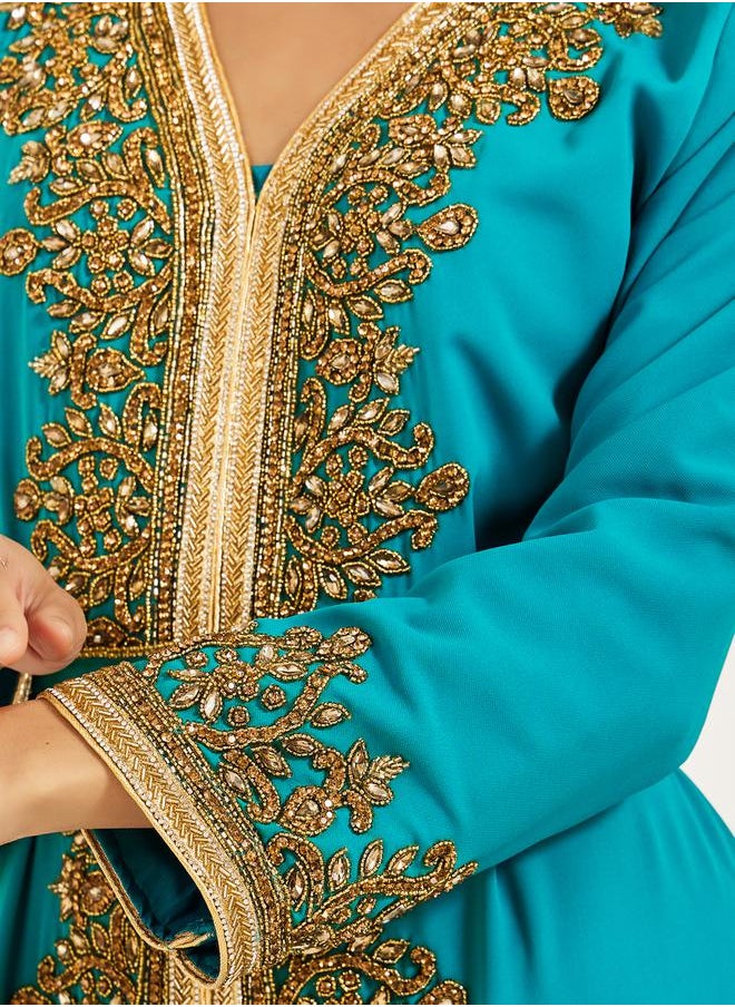 Maxim Creation Embroidered V-Neck A-Line Jalabiya with Belt by Styli  - Image 4
