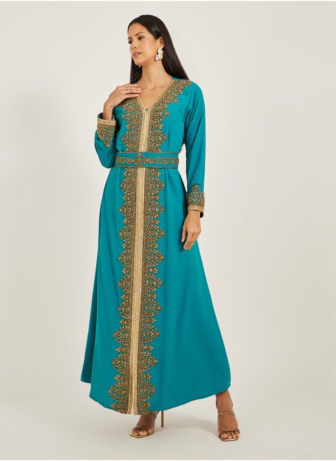 Maxim Creation Embroidered V-Neck A-Line Jalabiya with Belt by Styli  - Image 2