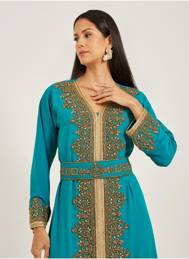 Maxim Creation Embroidered V-Neck A-Line Jalabiya with Belt by Styli  - Image 3