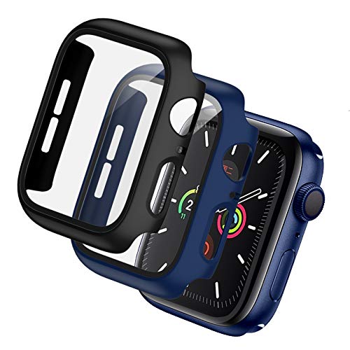 BHARVEST 2 Pack Hard PC Case Compatible with Apple Watch Series 3/2/1 42mm, Case with Tempered Glass Screen Protector Overall Bubble-Free Cover for iWatch Accessories, Black+Blue - Image 1
