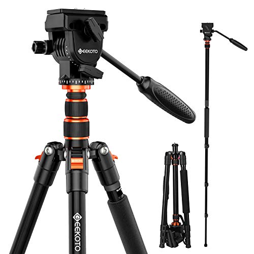 GEEKOTO Video Tripod Fluid Head,Professional Camera Tripod for DSLR,Monopod Aluminum 77" for Video Camcorder Canon Nikon Sony with 1/4" Screws Fluid Drag Pan Head,Load Capacity up to 20 Pounds - Image 1