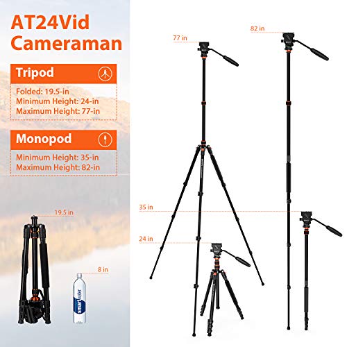GEEKOTO Video Tripod Fluid Head,Professional Camera Tripod for DSLR,Monopod Aluminum 77" for Video Camcorder Canon Nikon Sony with 1/4" Screws Fluid Drag Pan Head,Load Capacity up to 20 Pounds - Image 2