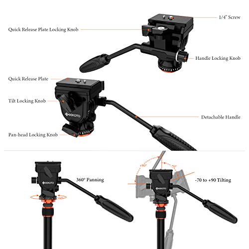 GEEKOTO Video Tripod Fluid Head,Professional Camera Tripod for DSLR,Monopod Aluminum 77" for Video Camcorder Canon Nikon Sony with 1/4" Screws Fluid Drag Pan Head,Load Capacity up to 20 Pounds - Image 3