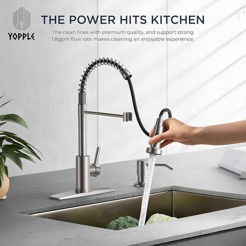 Yopple Stainless Steel Kitchen Sink Faucet PullDown Sprayer Single Handle Spring Kitchen Tap 360 Swivel Brushed Nickel Chrome Finish 1 or 3 Hole Installation - Image 2