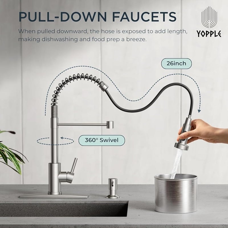Yopple Stainless Steel Kitchen Sink Faucet PullDown Sprayer Single Handle Spring Kitchen Tap 360 Swivel Brushed Nickel Chrome Finish 1 or 3 Hole Installation - Image 3