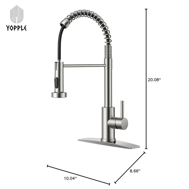 Yopple Stainless Steel Kitchen Sink Faucet PullDown Sprayer Single Handle Spring Kitchen Tap 360 Swivel Brushed Nickel Chrome Finish 1 or 3 Hole Installation - Image 4