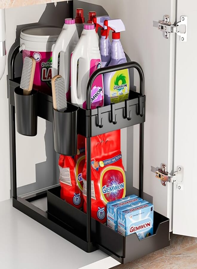 GEMWON Under Sink Organizer, 2 Tier Sliding Bathroom Organizer Cabinet Storage with Hooks, Hanging Cups, Handles, Multi-purpose Under Sink Shelf Organizer for Bathroom Kitchen(1 Pack)