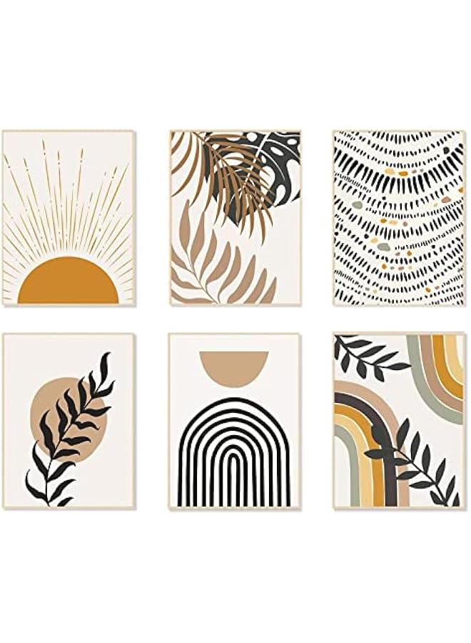 KBKBART مجموعة مطبوعات فنية جدارية بنمط بوهو مكونة من 6 قطع، مطبوعات عصرية من منتصف القرن، ملصقات حائط معرض بسيطة لغرفة النوم وغرفة المعيشة والحمام وديكور غرفة بوهو (8 انش × 10 انش، بدون اطار) - Image 1