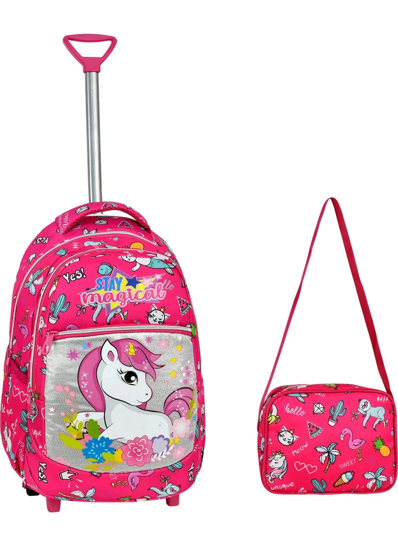 Çantaland Pink Unicorn Patterned Primary School Bag with Trolley + Lunch Box