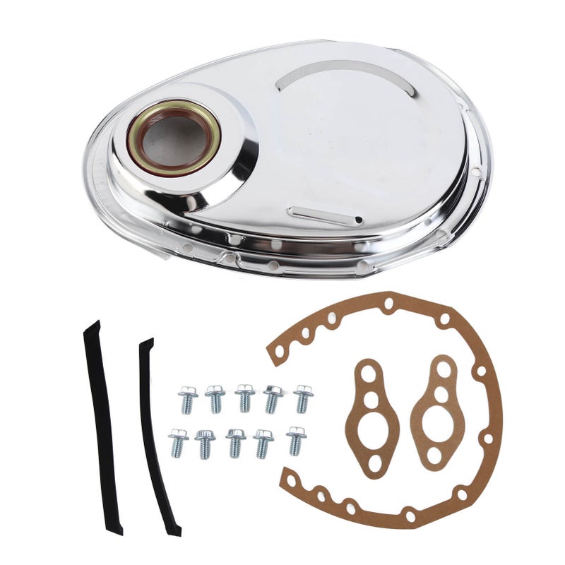 Timing Chain Cover Silver Polished Engine Timing Gasket Seal Bolts Kit Replacement for SBC 283 327 305 350 383 400 - Image 1