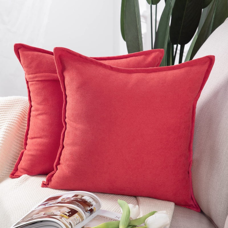 MADIZZ MADIZZ Set of 2 Short Chenille Throw Pillow Covers 18x18 Inch Red Soft Decorative Cushion Cover for Sofa Bedroom Pillow Shell  - Image 1