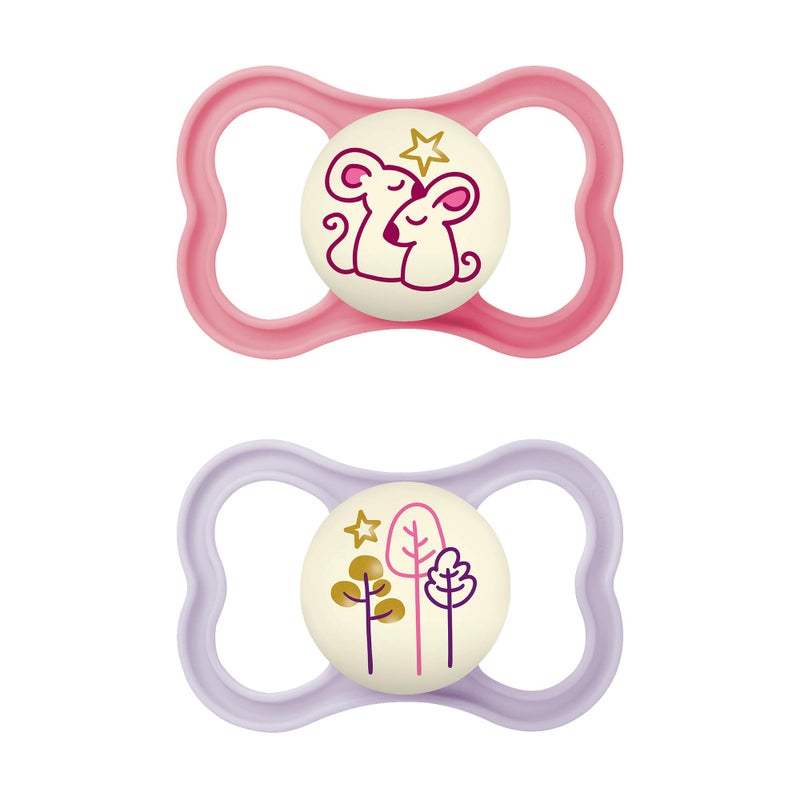 MAM Air Night Baby Pacifiers for Sensitive Skin, Glows in The Dark, 2 Count, 6-16 Months, Girl - Image 1