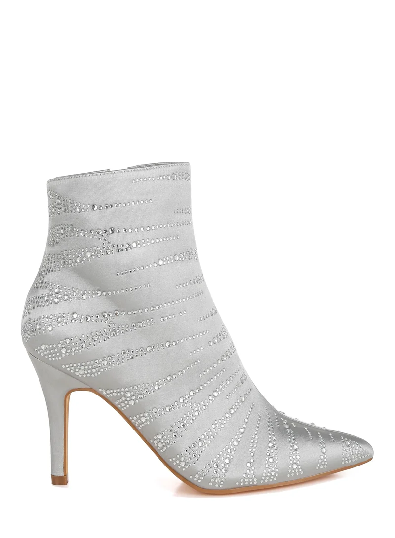 London Rag Women's Satin Rhinestone Ankle Party Boots in Silver