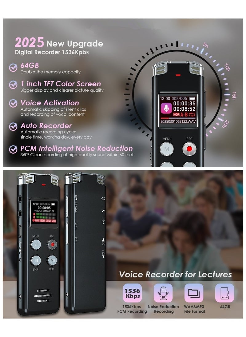 KADIP - 64GB Digital Voice Recorder with Playback: Voice Activated Recorder for Lectures Meetings Interviews - Dictaphone Recording Device Tape Recorder Portable Mini, Audio Recorder with USB, MP3, Black - Image 1
