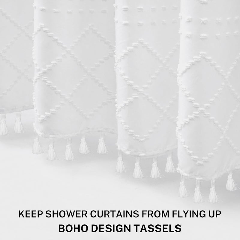 Siiluminisoy Extra Long White Textured Woven Fabric Boho Shower Curtain with Tassels 72 x 84 Modern Farmhouse Minimalist, Tufted Chevron Striped Shabby Chic, Water Resistant Cloth Curtain for Bathroom, Hotel Decor - Image 3
