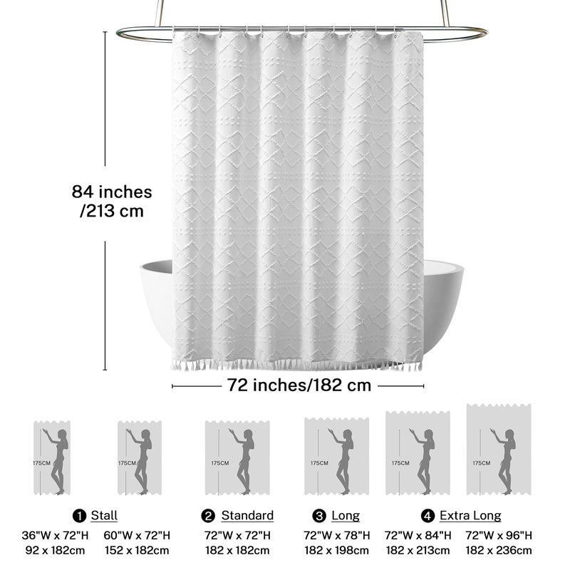 Siiluminisoy Extra Long White Textured Woven Fabric Boho Shower Curtain with Tassels 72 x 84 Modern Farmhouse Minimalist, Tufted Chevron Striped Shabby Chic, Water Resistant Cloth Curtain for Bathroom, Hotel Decor - Image 4