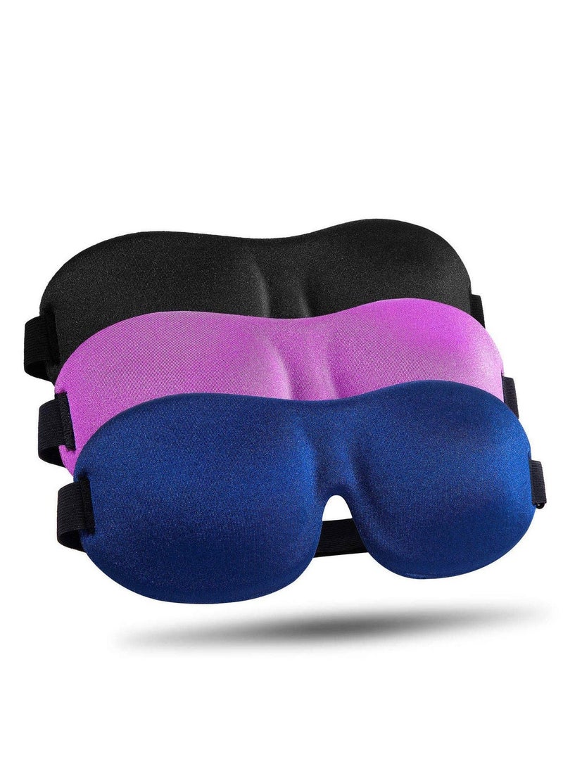 Generic Sleep Mask 3 Pack, Upgraded 3D Contoured 100% Blackout Eye Mask for Sleeping with Adjustable Strap, Comfortable & Soft Night Blindfold for Women Men, Eye Shades for Travel/Naps, Black/Purple/Blue - Image 1