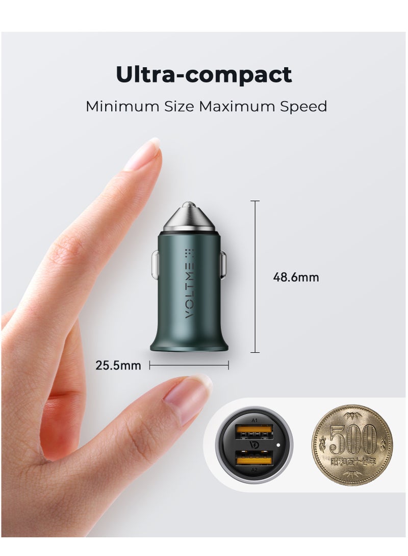 Car Charger, Mini 24W Dual USB Car Charger, V-Dynamic technology Alloy Car Adapter with LED Light for iPhone14/13/12/12 Pro/11/11 Pro/XR/Xs/Max/X, iPad Pro/Air 2/mini, Galaxy and More - England Green