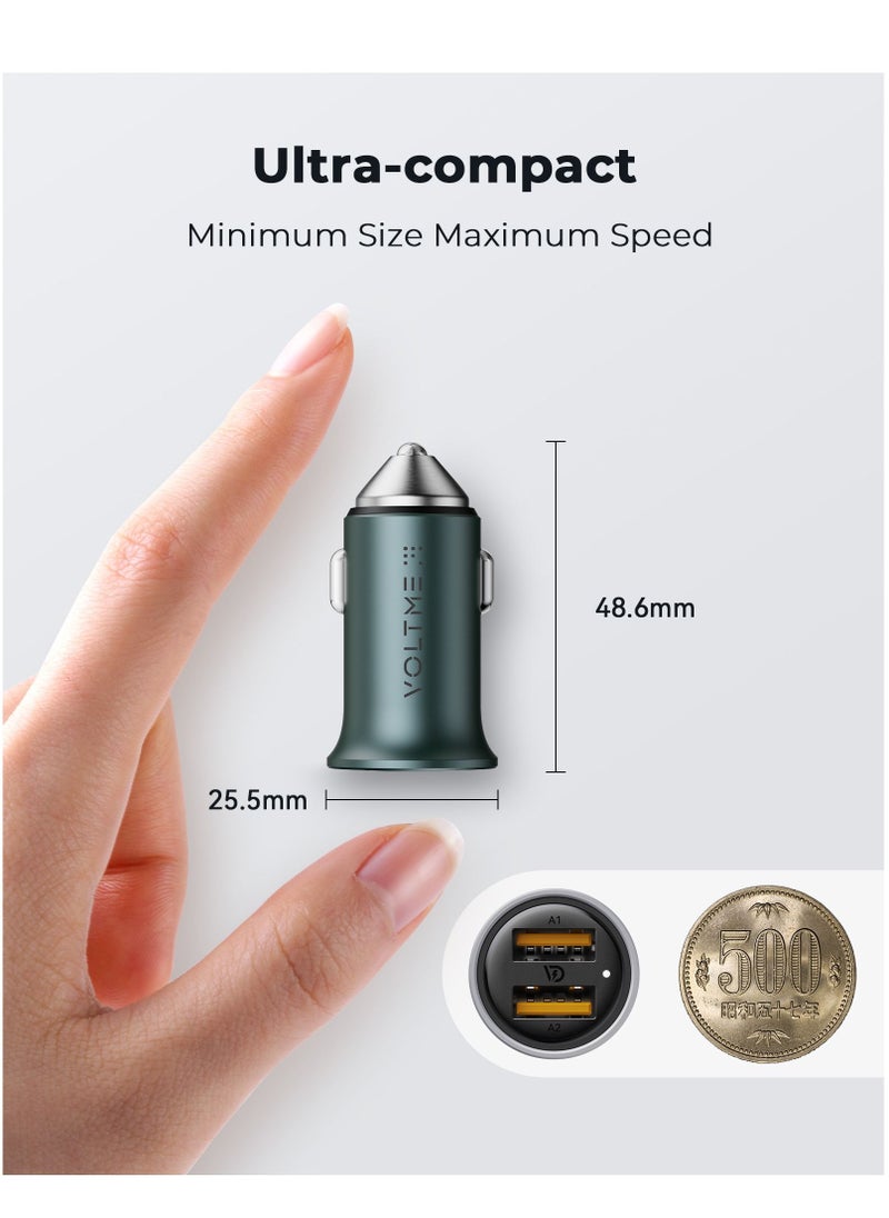 VOLTME - Car Charger, Mini 24W Dual USB Car Charger, V-Dynamic technology Alloy Car Adapter with LED Light for iPhone14/13/12/12 Pro/11/11 Pro/XR/Xs/Max/X, iPad Pro/Air 2/mini, Galaxy and More - England Green - Image 1