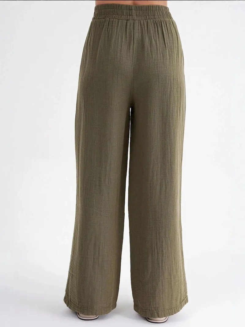 MixRay Khaki Green Mixray High Waist Textured Muslin Fabric Pants for Women | Best Price UAE