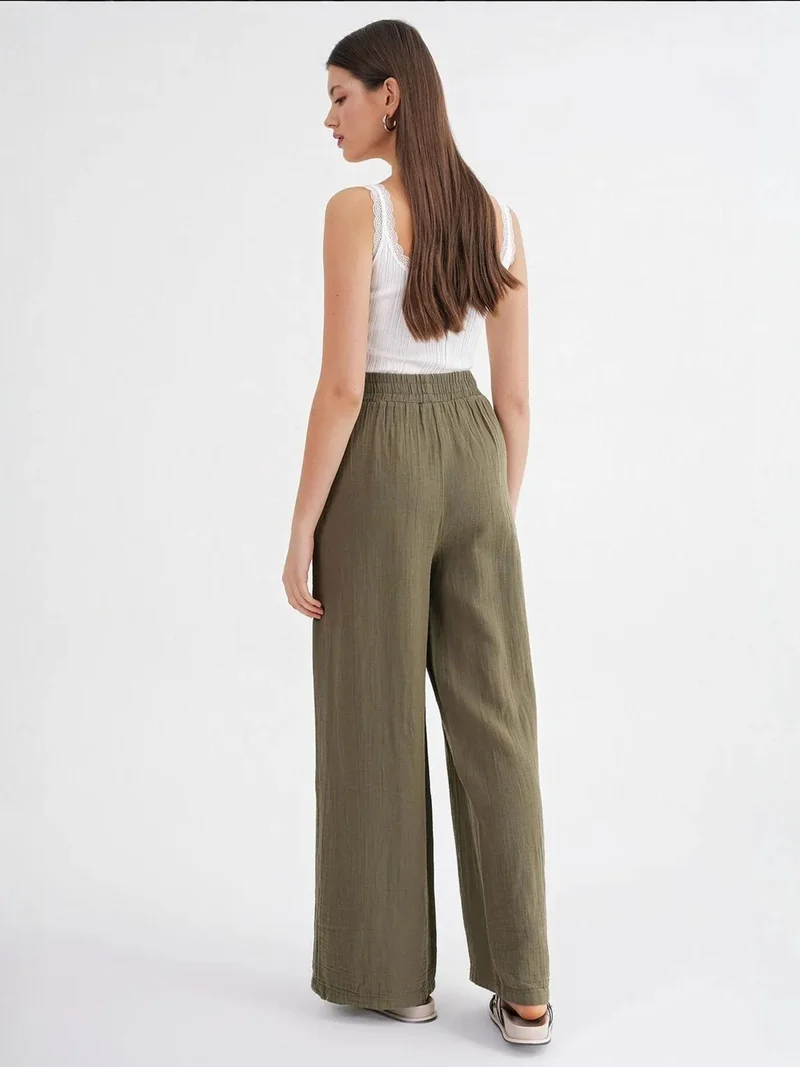MixRay Khaki Green Mixray High Waist Textured Muslin Fabric Pants for Women | Best Price UAE