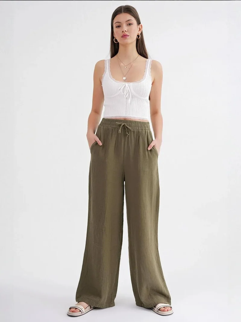 MixRay Khaki Green Mixray High Waist Textured Muslin Fabric Pants for Women | Best Price UAE