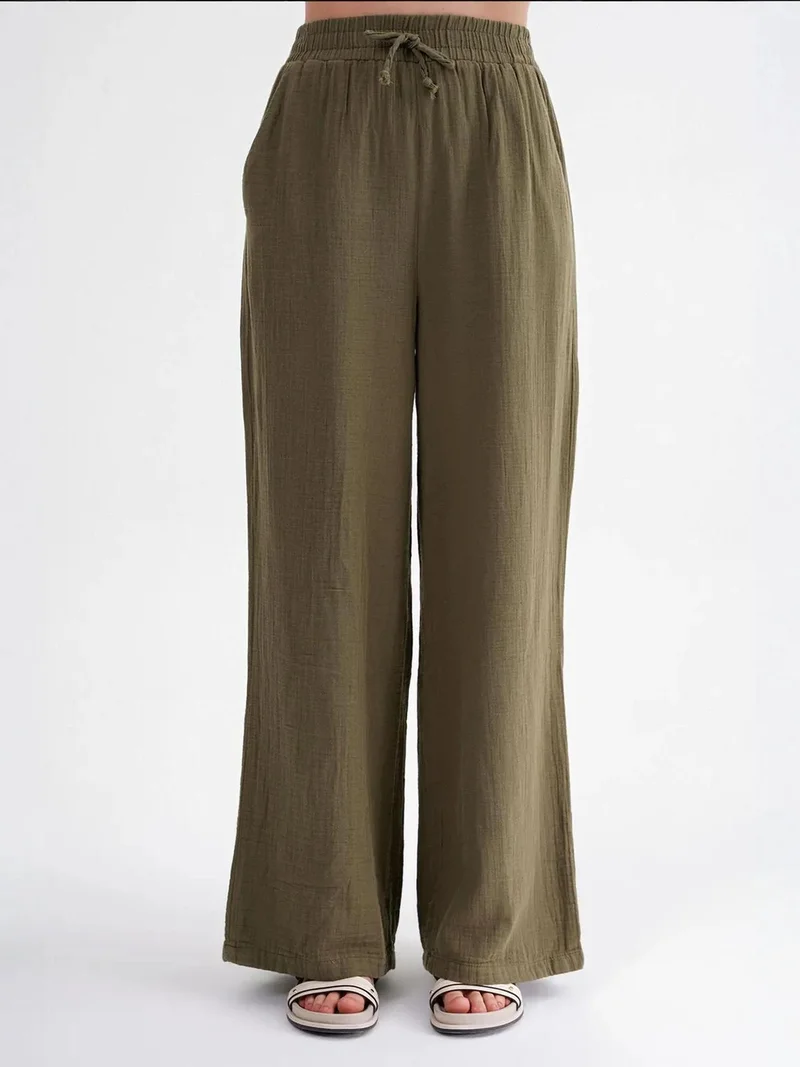 MixRay Khaki Green Mixray High Waist Textured Muslin Fabric Pants for Women | Best Price UAE