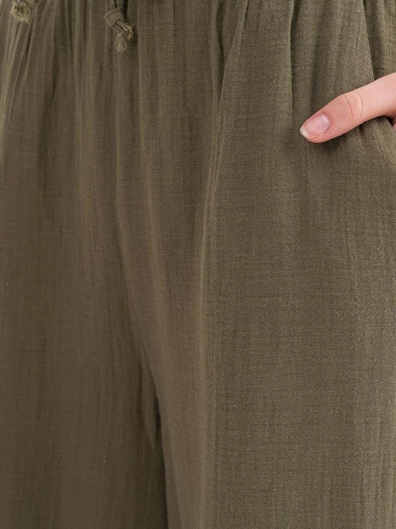 MixRay Khaki Green Mixray High Waist Textured Muslin Fabric Pants for Women | Best Price UAE