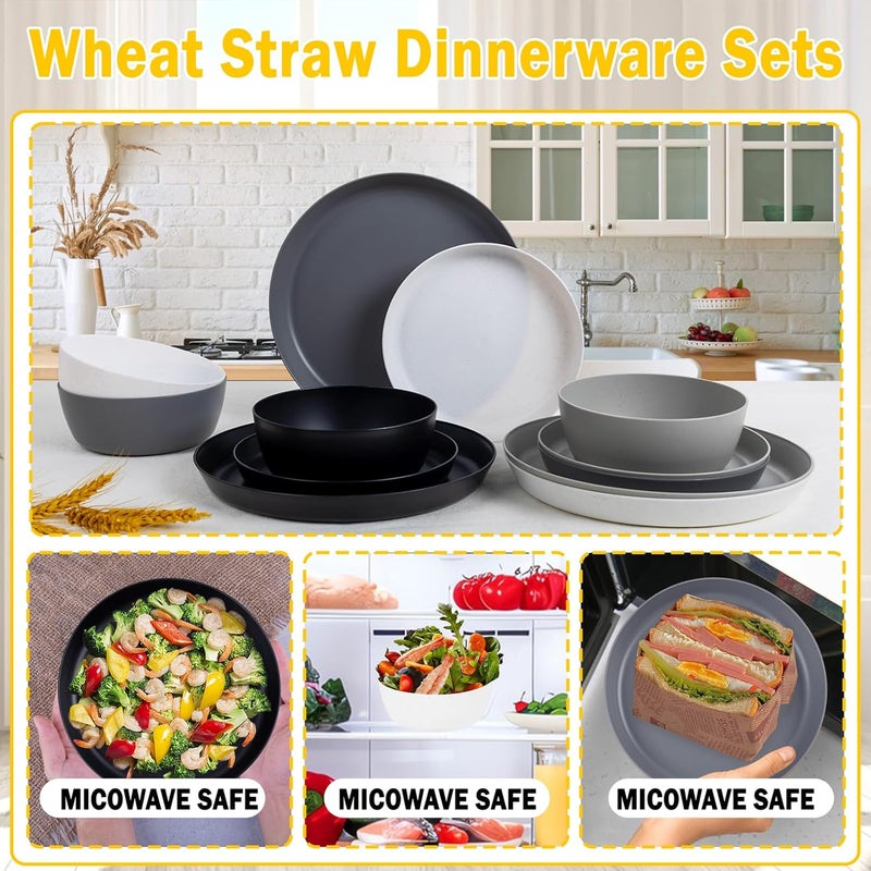 ejonirinjonir EI 12pcs Wheat Straw Dinnerware Set of 4,Reusable Plastic Plates,Unbreakable Dinner Plates,Deep Dinner Hard Premium Plastic Plates,Microwave Dishwasher Safe for Camping,Picninc,Family Dinner - Image 5