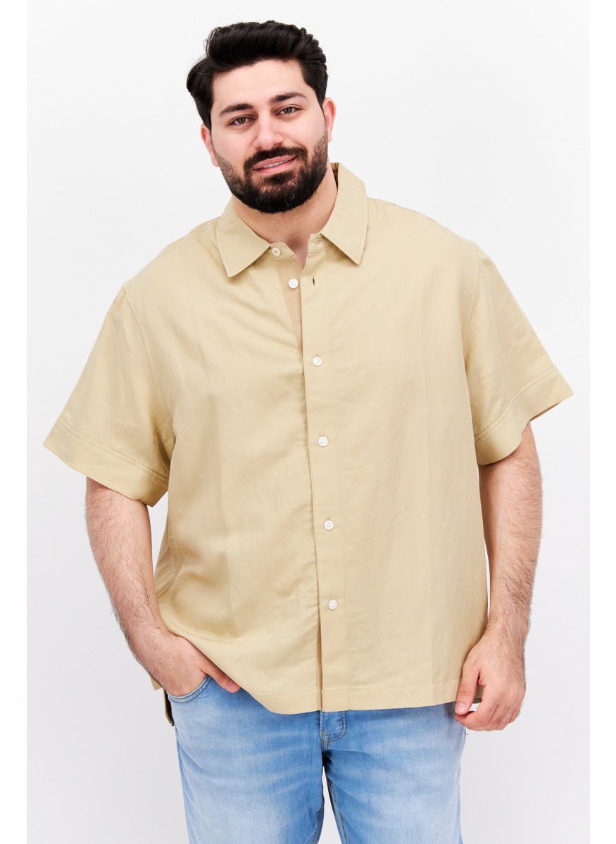 ESPRIT Men Pointed Collar Short Sleeve Plain Casual Shirt, Beige  - Image 1