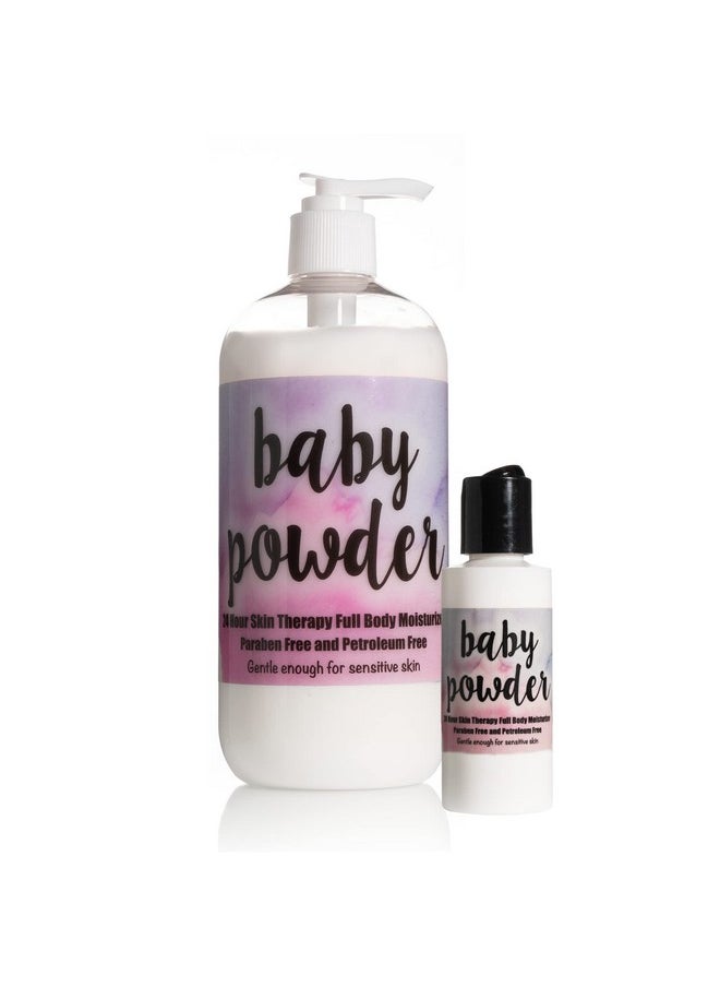 The Lotion Company 24 Hour Skin Therapy Lotion Baby Powder Fragrance Full Body Moisturizer W/ Aloe Vera Paraben Free Made In Usa 16 Oz Bottle + 2 Oz Travel Size  - Image 1