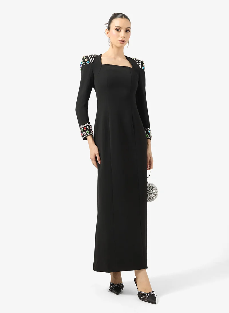 Ginger Boutique Rhinestone Embellished Luxe Square Neck Evening Gown