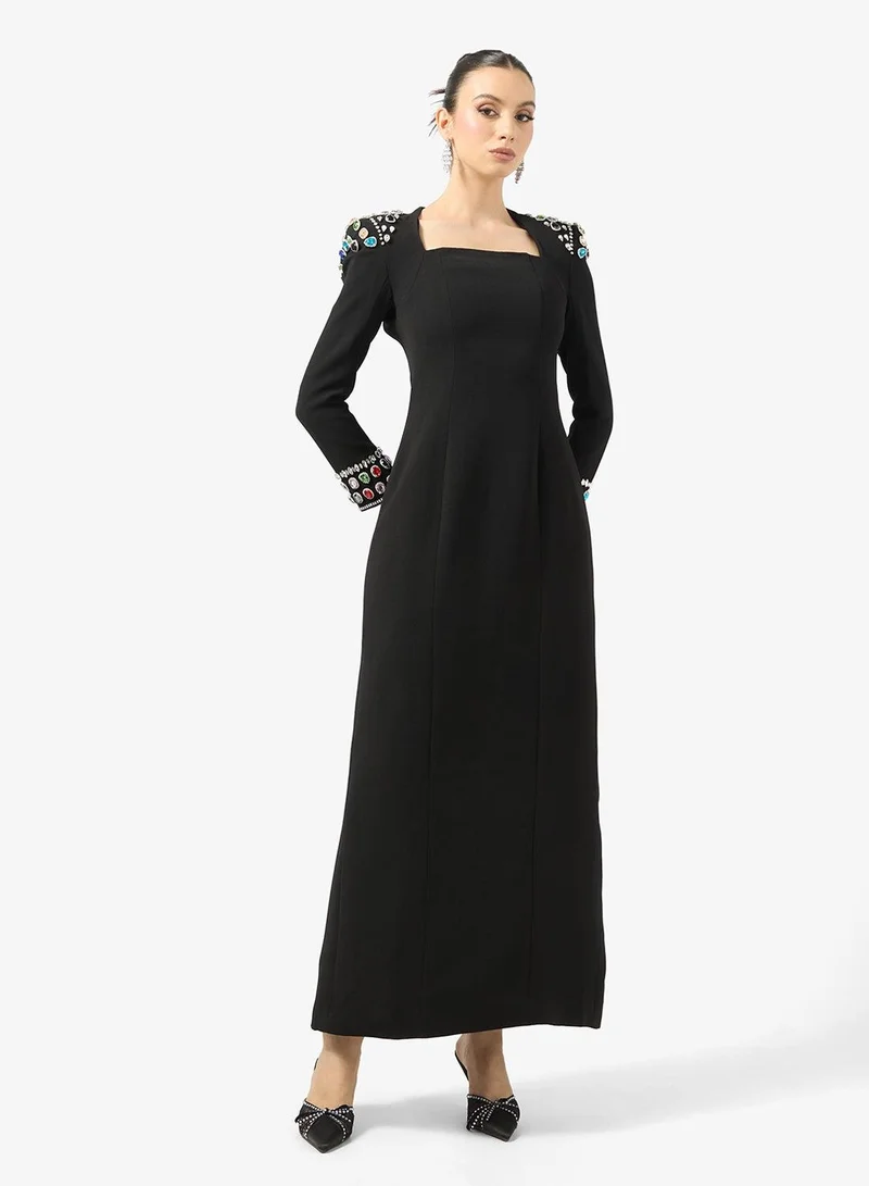 Rhinestone Embellished Luxe Square Neck Evening Gown