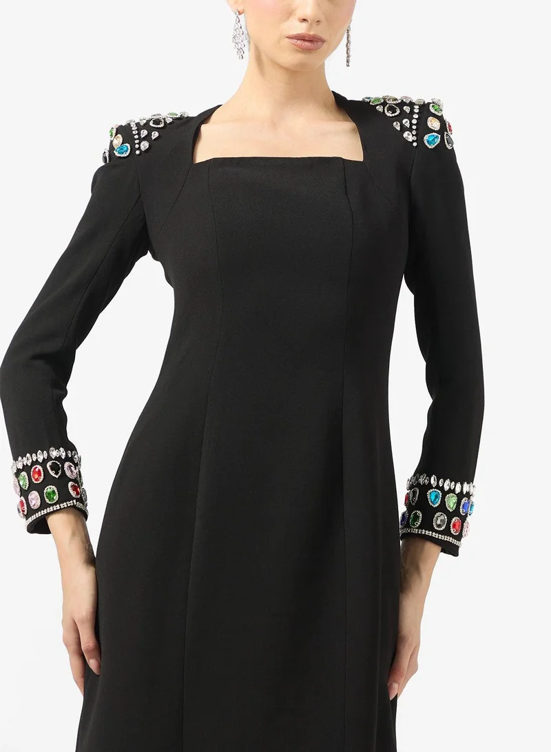 Ginger Boutique  Rhinestone Embellished Luxe Square Neck Evening Gown for Women | Best Price UAE