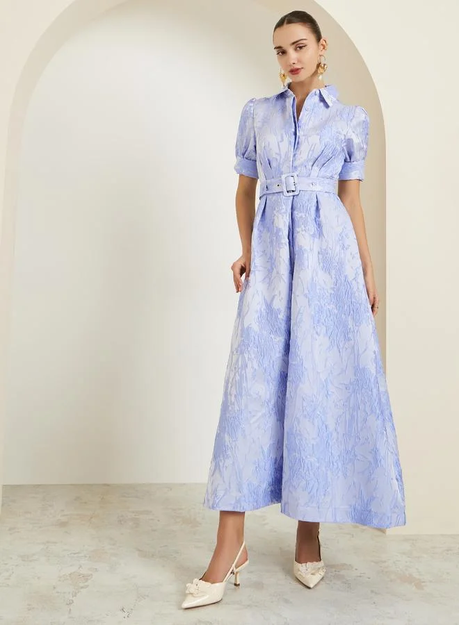 Blue Jacquard Puff Sleeve Shirt A-Line Maxi Dress