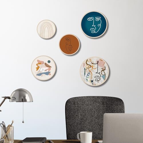 Nozvera Modern Abstract Face Art & Geometric Wall Decor Set of 5 | Round Prints for Living Room Bedroom Office | Contemporary Minimalist Wall Hanging - Image 2