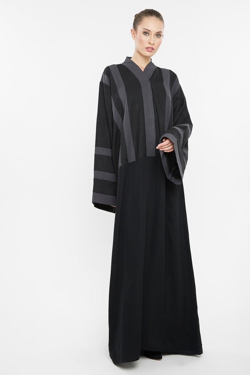 NUKHBAA A casual abaya with grey striped embroidery detailing.-AJ116A - Image 1