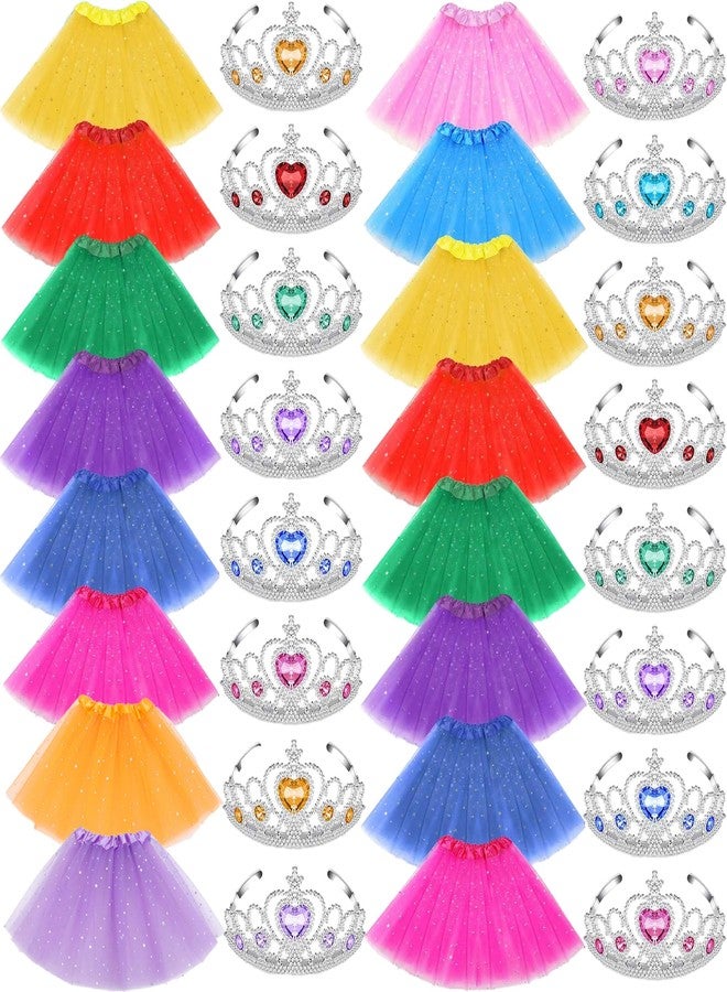 Plukeen 40 Pcs Princess Tutu Outfit Included 20 Princess Tiara Ballet Skirt 20 Rhinestone Crowns for Girls Birthday Princess Costume Party Favors, 10 Colors - Image 1