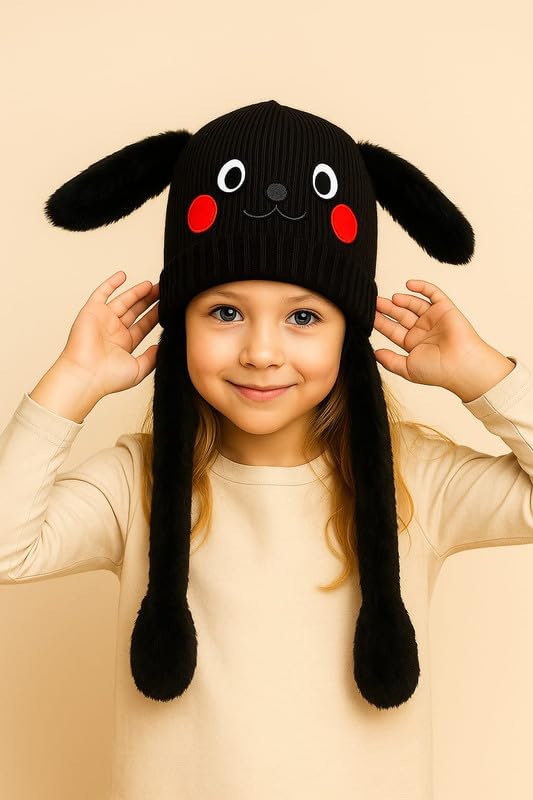 CAPICHINO Funny Moving Ear Cap – Plush Bunny Hat with Air Pump Ears for Kids, Girls & Boys | Cute Animated Animal Winter Hat (Black,5-12 Years) - Image 2
