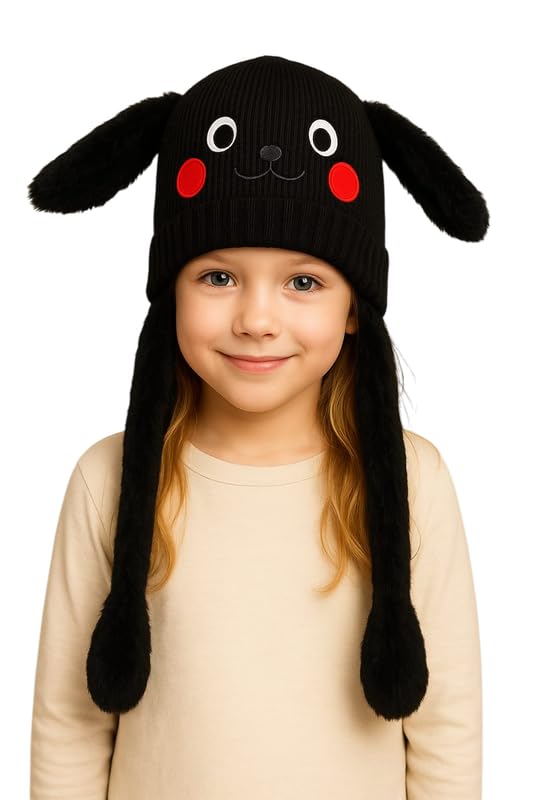 CAPICHINO Funny Moving Ear Cap – Plush Bunny Hat with Air Pump Ears for Kids, Girls & Boys | Cute Animated Animal Winter Hat (Black,5-12 Years) - Image 1