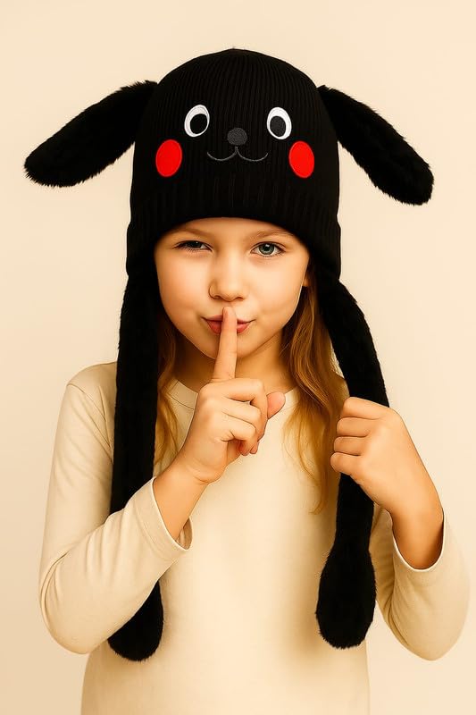 CAPICHINO Funny Moving Ear Cap – Plush Bunny Hat with Air Pump Ears for Kids, Girls & Boys | Cute Animated Animal Winter Hat (Black,5-12 Years) - Image 3