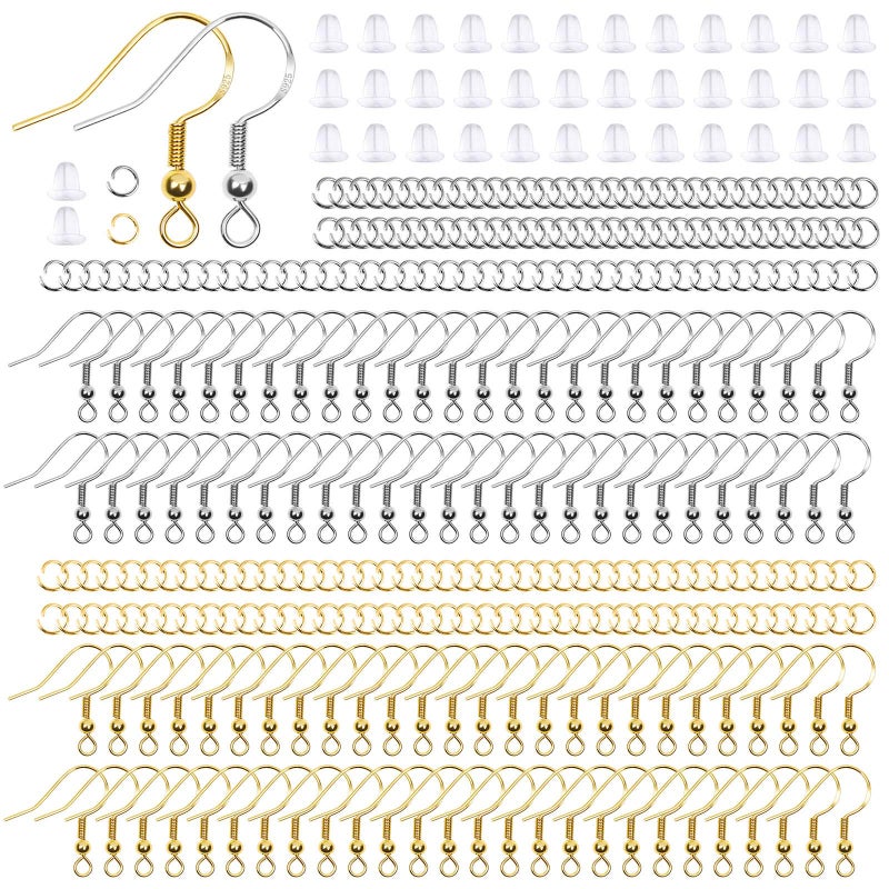 Thrilez Hypoallergenic Earring Hooks 600Pcs Earring Making Kit with Hypoallergenic Earring Hooks Jump Rings and Clear Rubber Earring Backs for DIY Jewelry Making Silver and Gold