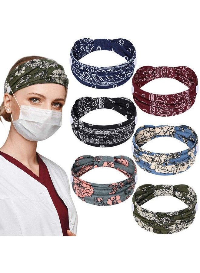 WILLBOND - 6 Pieces Nursing Headbands With Buttons For Nurses Doctor Women Boho Bandana Headbands Wide Stretch Head Wraps Elastic Hair Bands For Face Covering Holder Ear Protection (Retro Pattern) - Image 1