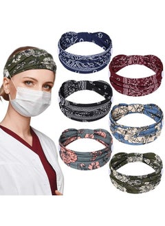 6 Pieces Nursing Headbands With Buttons For Nurses Doctor Women Boho Bandana Headbands Wide Stretch Head Wraps Elastic Hair Bands For Face Covering Holder Ear Protection (Retro Pattern)