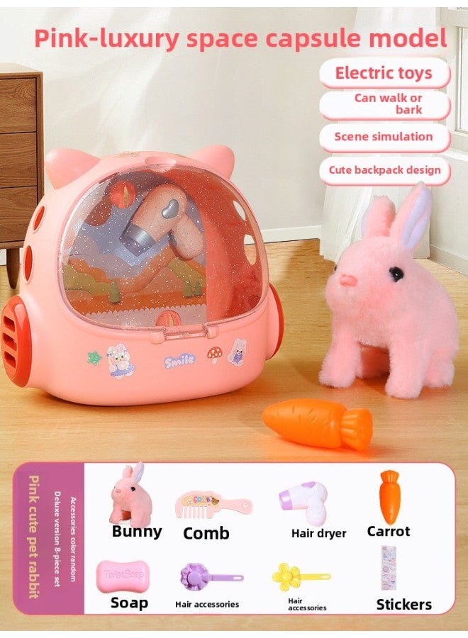 Children's Electric Simulation Small White Rabbit Will Call Girls Pet Doll Backpack Dog Gift Puzzle Plush Toy-Color:Pink-backpack Adorable Rabbit [travel Convenient Suit]]-Specifications:[Rechargeable Battery Set] Long-lasting Cycle Convenient  - Image 1