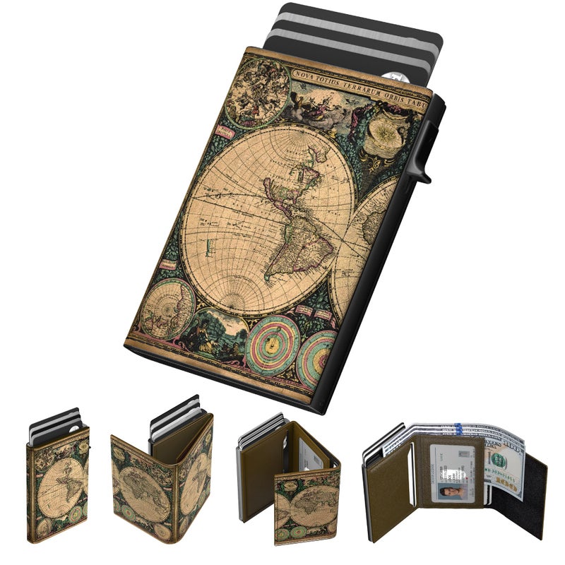 typecase Mens Wallet Card Holder: Pop Up Aluminum Case, Carbon Fiber Leather, Smart, RFID Blocking, Slim, Minimalist, Front Pocket - 9-14 Card Capacity | ID Window | Cash Slot (Map) - Image 1
