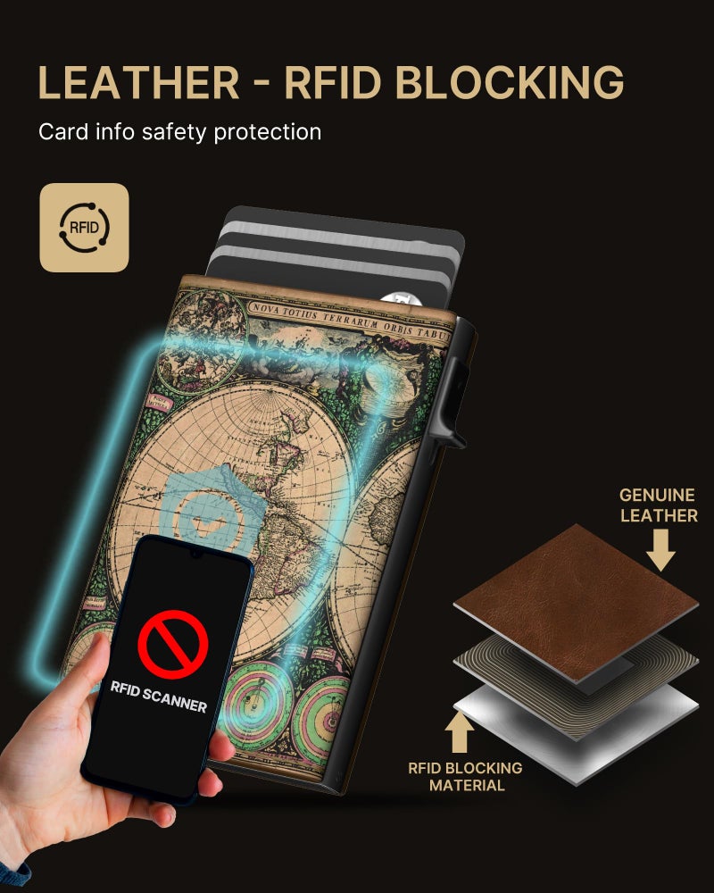 typecase Mens Wallet Card Holder: Pop Up Aluminum Case, Carbon Fiber Leather, Smart, RFID Blocking, Slim, Minimalist, Front Pocket - 9-14 Card Capacity | ID Window | Cash Slot (Map) - Image 5