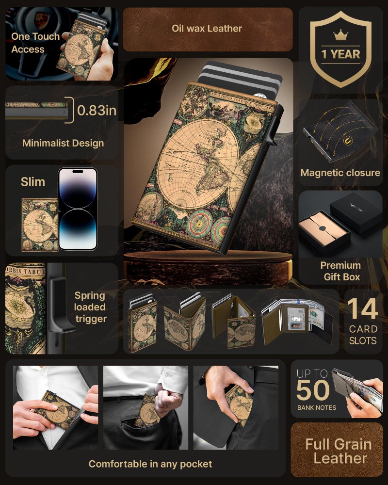 typecase Mens Wallet Card Holder: Pop Up Aluminum Case, Carbon Fiber Leather, Smart, RFID Blocking, Slim, Minimalist, Front Pocket - 9-14 Card Capacity | ID Window | Cash Slot (Map) - Image 2